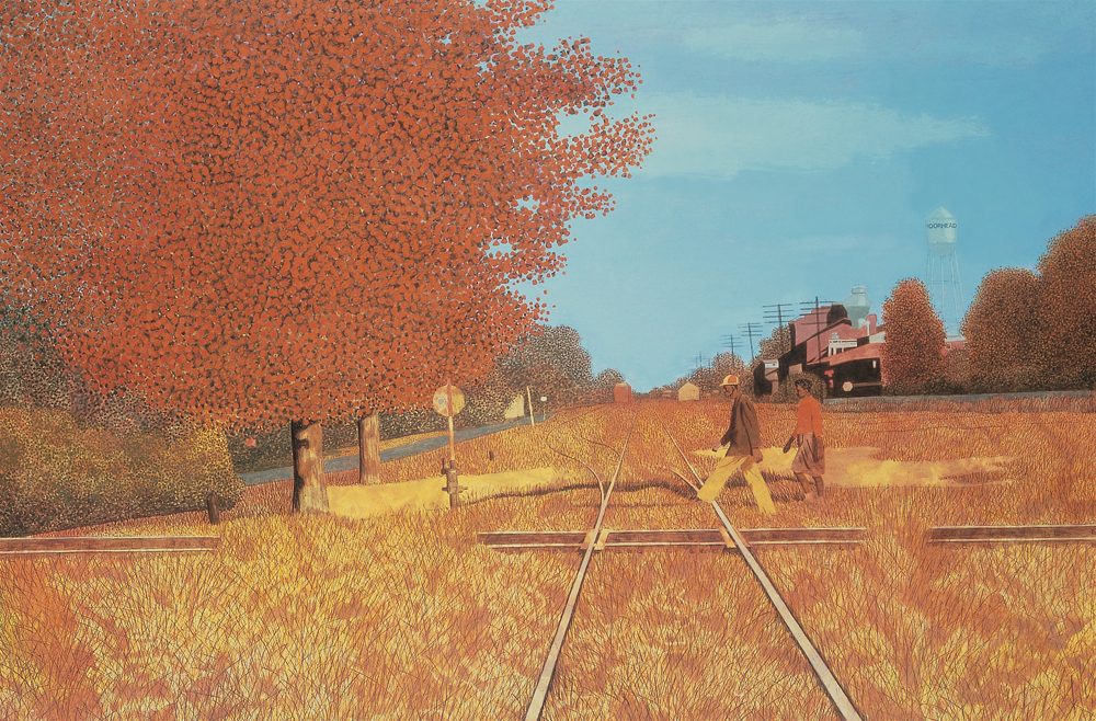 CARROLL CLOAR, AMERICAN, 1913-1993 WHERE THE SOUTHERN CROSS THE YELLOW DOG, 1965 CASEIN TEMPERA ON MASONITE MEMPHIS BROOKS MUSEUM OF ART; BROOKS FINE ARTS FOUNDATION PURCHASE 65.17 COPYRIGHT ESTATE OF CARROLL CLOAR