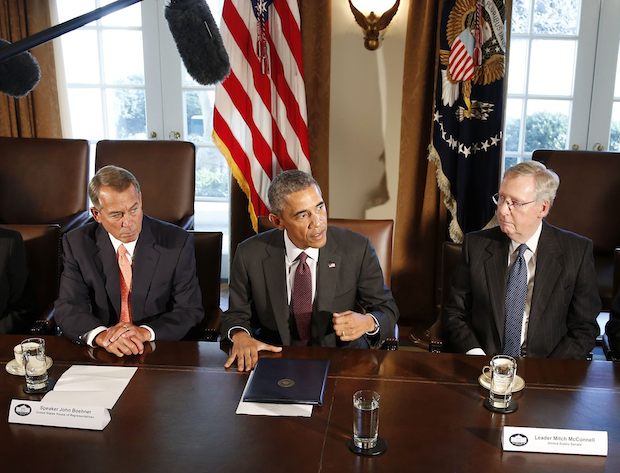 U.S. President Barack Obama speaks during a bipartisan meeting of Congressional leaders in the Cabinet Room of the White House in Washington