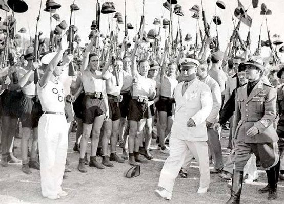 Picture of Benito Mussolini and Fascist Blackshirt youth in 1935 in Rome.