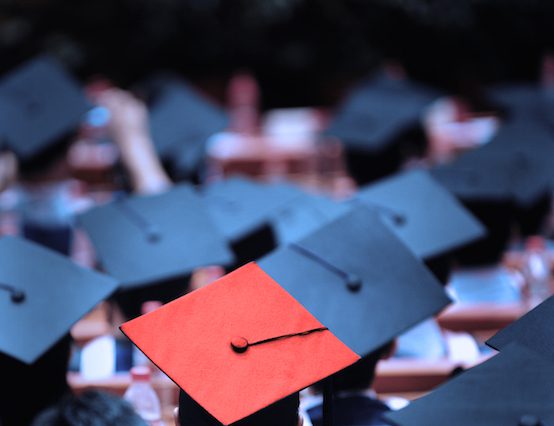 graduation hats university red blue