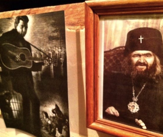 Johnny Cash and St. John Maximovitch, on the wall at the Eighth Day Institute's Hall of Men (Photo by Rod Dreher)