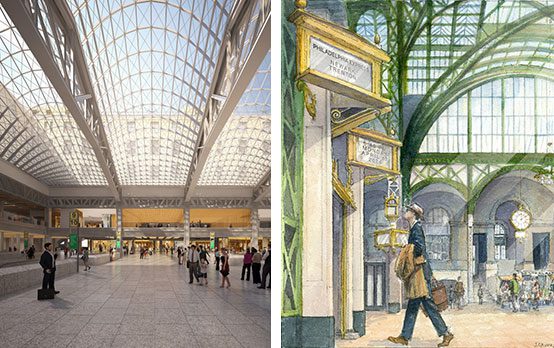 Left: Rendering of Moynihan Station (Gov. Andrew Cuomo / Flickr); Right: Drawing of rebuilt Penn Station (Atelier & Co.)