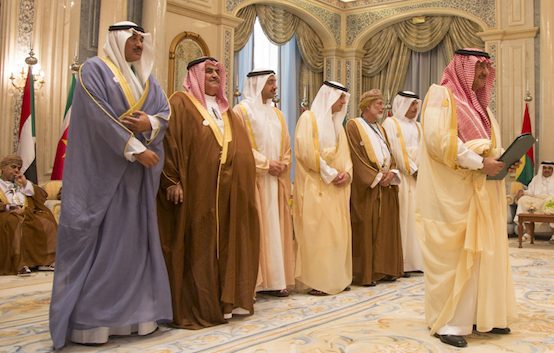 A delegation of the Leaders of the Cooperation Council for the Arab States of the Gulf Countries are seen Sunday, May 21, 2017, at the King Abdulaziz Conference Center in Riyadh, Saudi Arabia as they prepare to present an agreement of understanding to the U.S. Secretary of State Rex Tillerson. (Official White House Photo by Shealah Craighead)