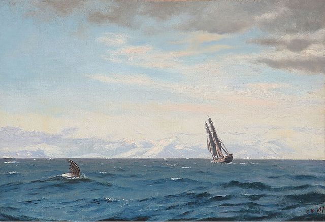 I._E._C._Rasmussen_-_Humpback_whale_and_sailing_ship_in_the_Davis_Strait_(1870)