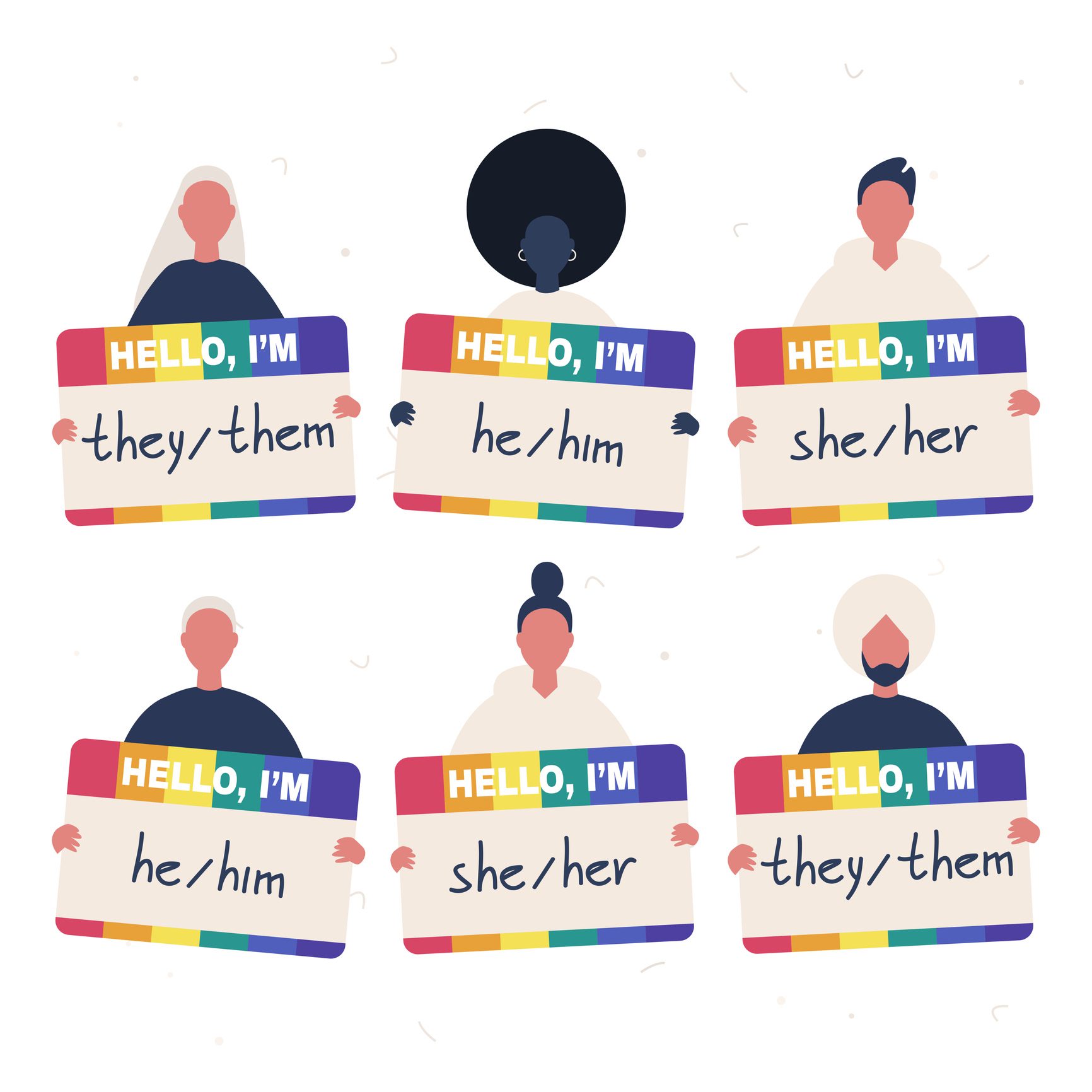 A group of young diverse characters holding the rainbow badges with their gender pronouns - she, he, they