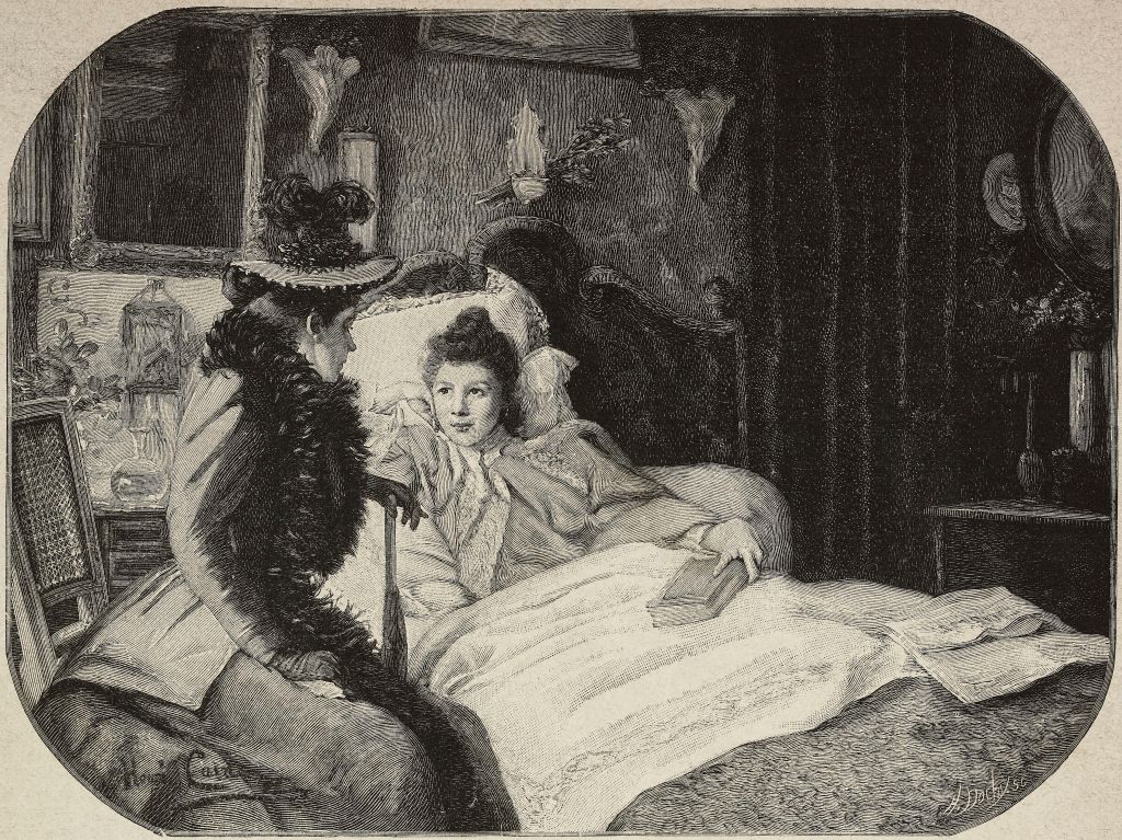 Woman in elegant dress talking to woman in bed