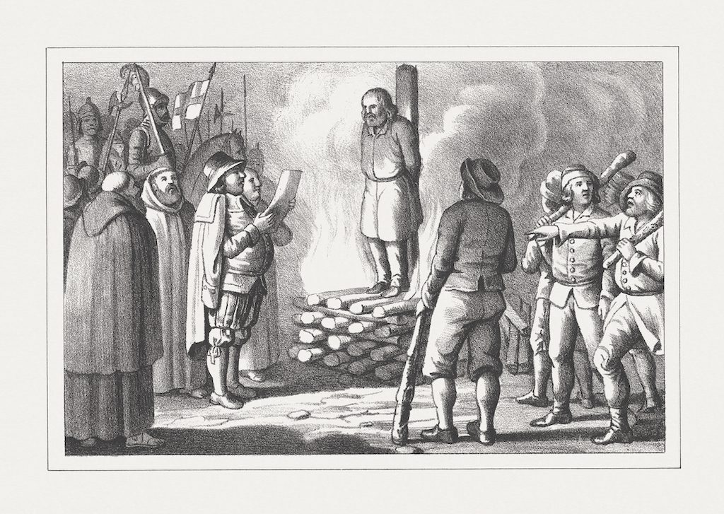 Burning of the heretic at the stake, lithograph, published 1850