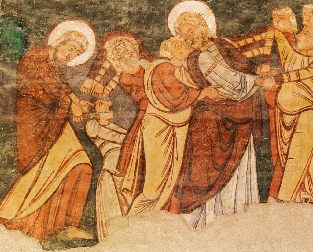 Spain, Diocesan Museum of Jaca, The betrayal in the Garden of Gethsemane: Judas kisses Jesus, and Peter cuts of Malchus's ear