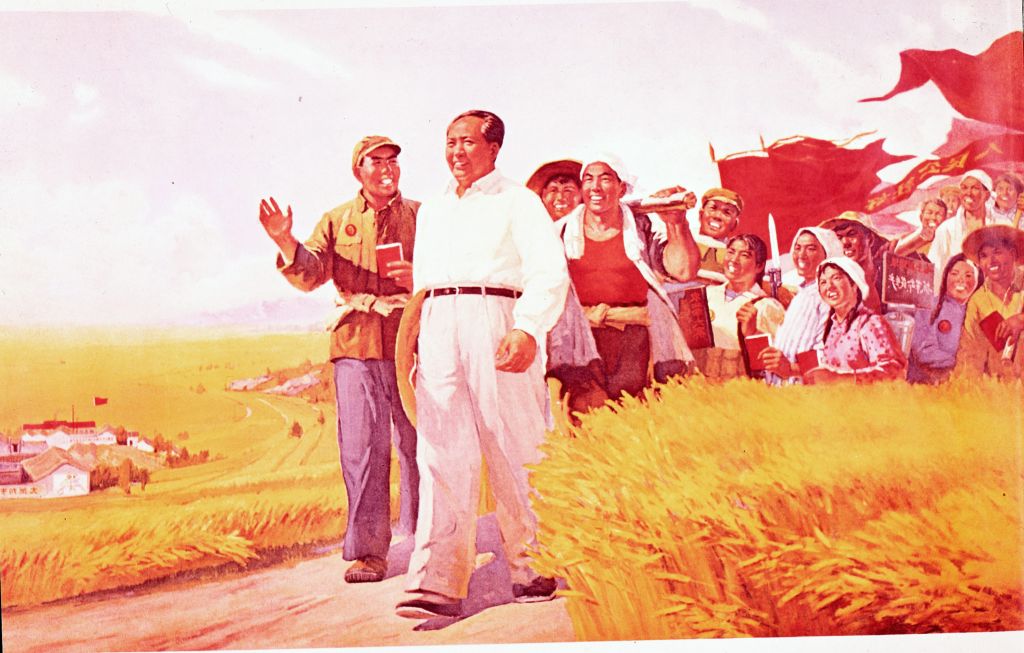 Chinese propaganda poster showing Mao Tse-Tung (Mao Zedong), Chinese Communist leader, with peasants during the Cultural Revolution of 1966.