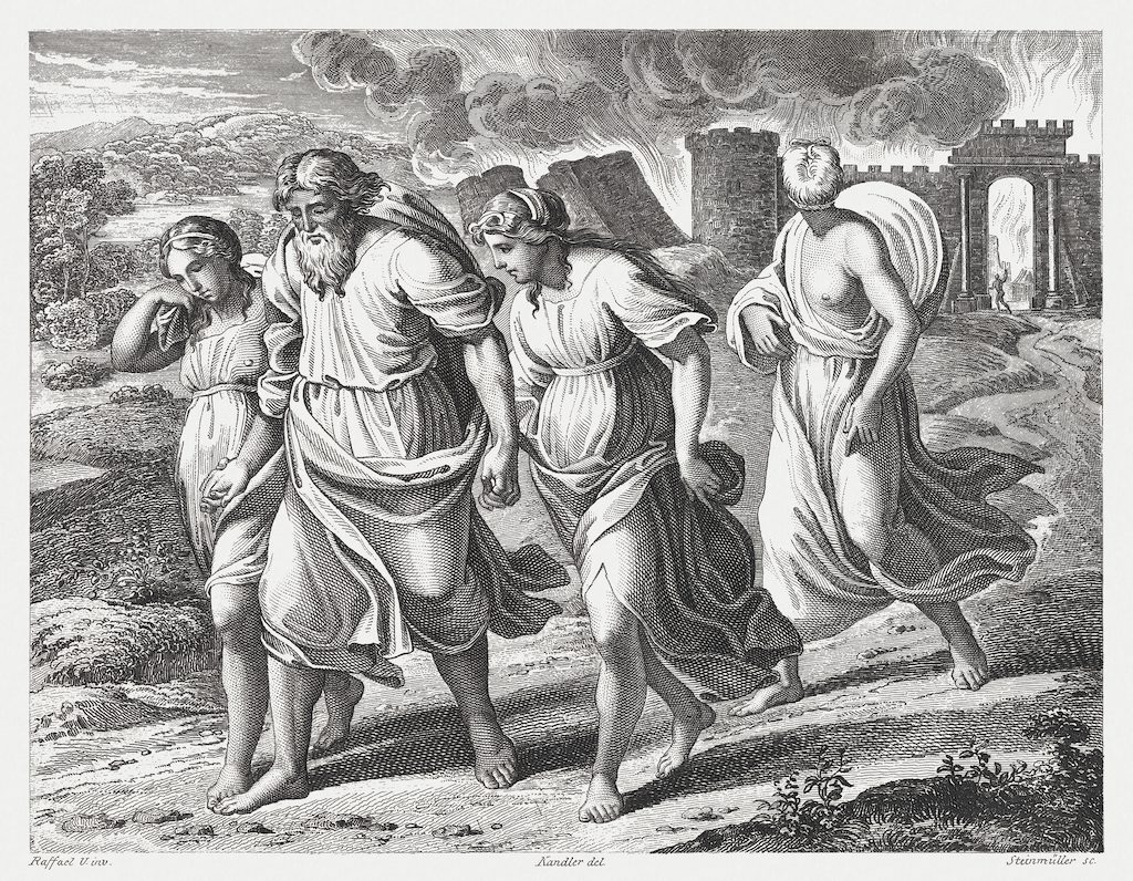 Lots escape from Sodom (Genesis 19), steel engraving, published 1841