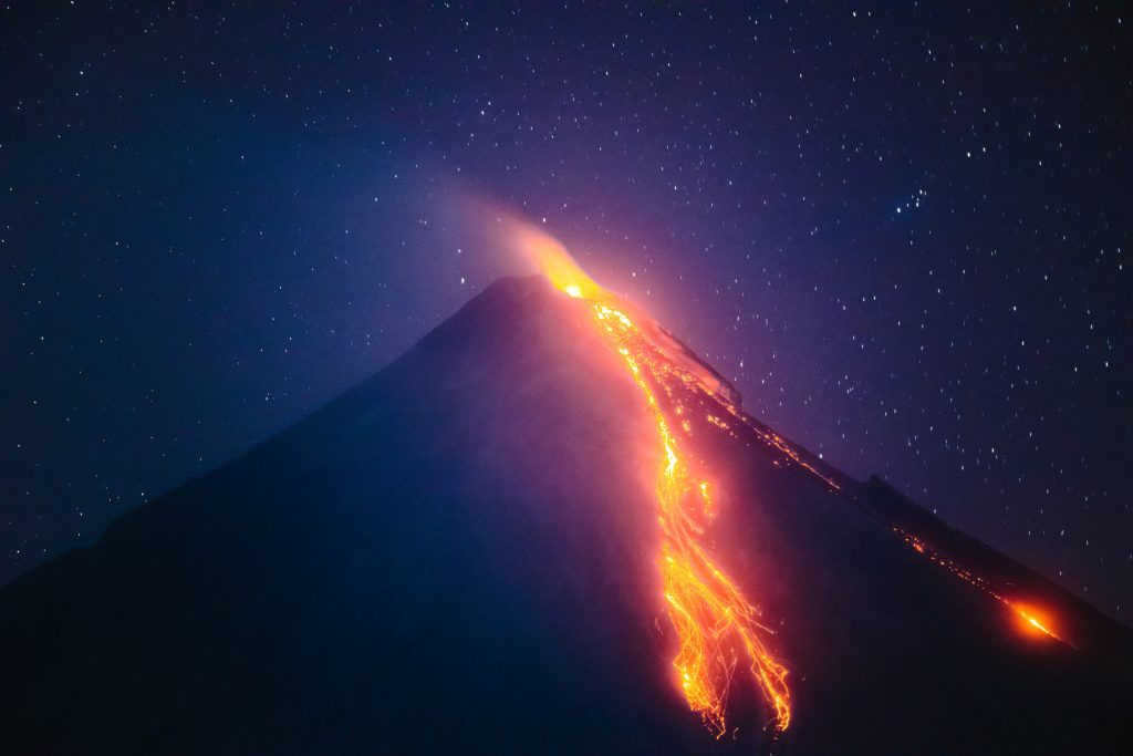 Mayon volcano eruption at night, Philippines