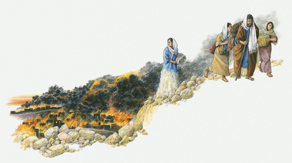 Illustration of Lot and his daughters fleeing the cities of Sodom and Gomorrah as fire and brimstone rain down upon them