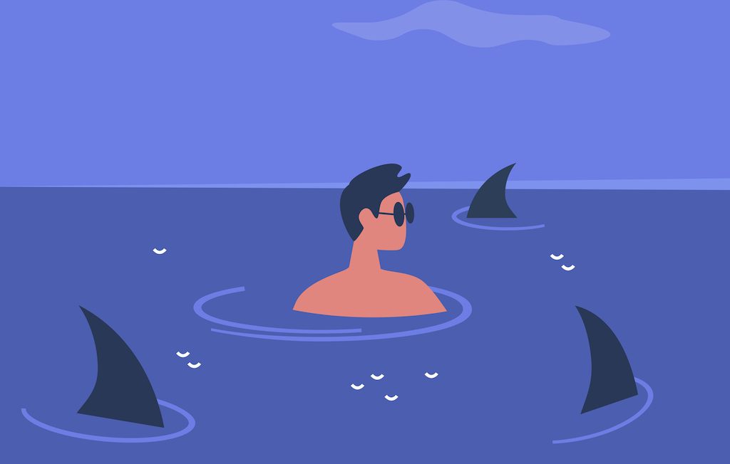 Young male character surrounded by shark fins swimming in the ocean, risk and stress in modern life