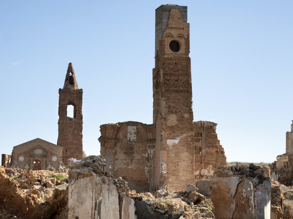 Ruins of a church destroyed by war. San Martin de Tours church and clock tower. Belchite, province of Saragossa, Aragon, Spain.