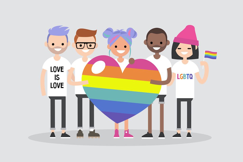 Love parade. A group of people holding a huge rainbow heart. LGBT community. Human rights. LGBTQ. Flat editable vector illustration, clip art