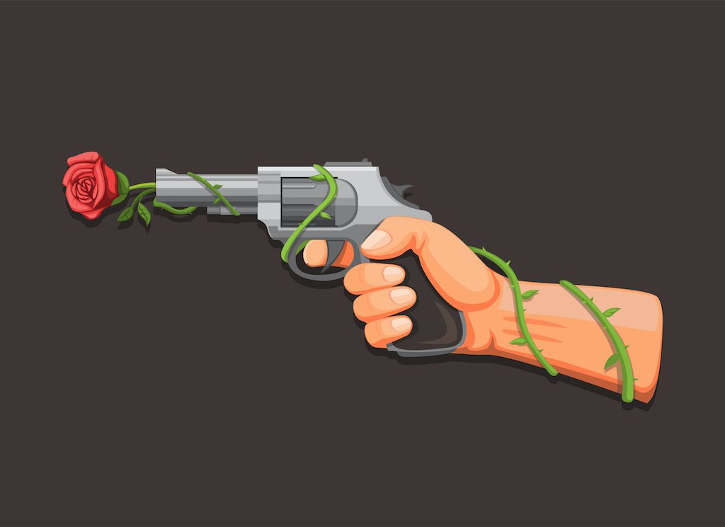 Gun flower, hand holding revolver with rose symbol concept in cartoon  illustration vector on dark background