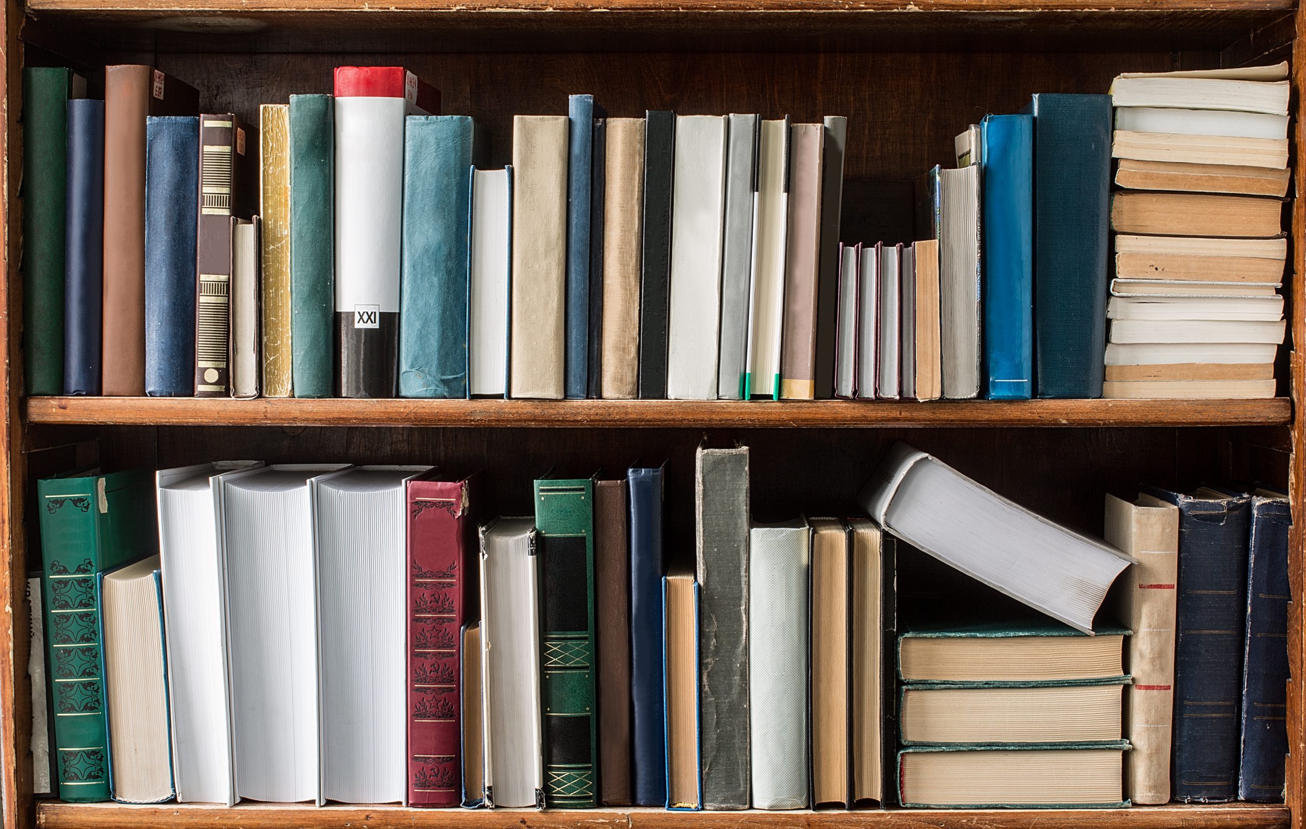 Books,On,Wooden,Shelves,In,The,Library