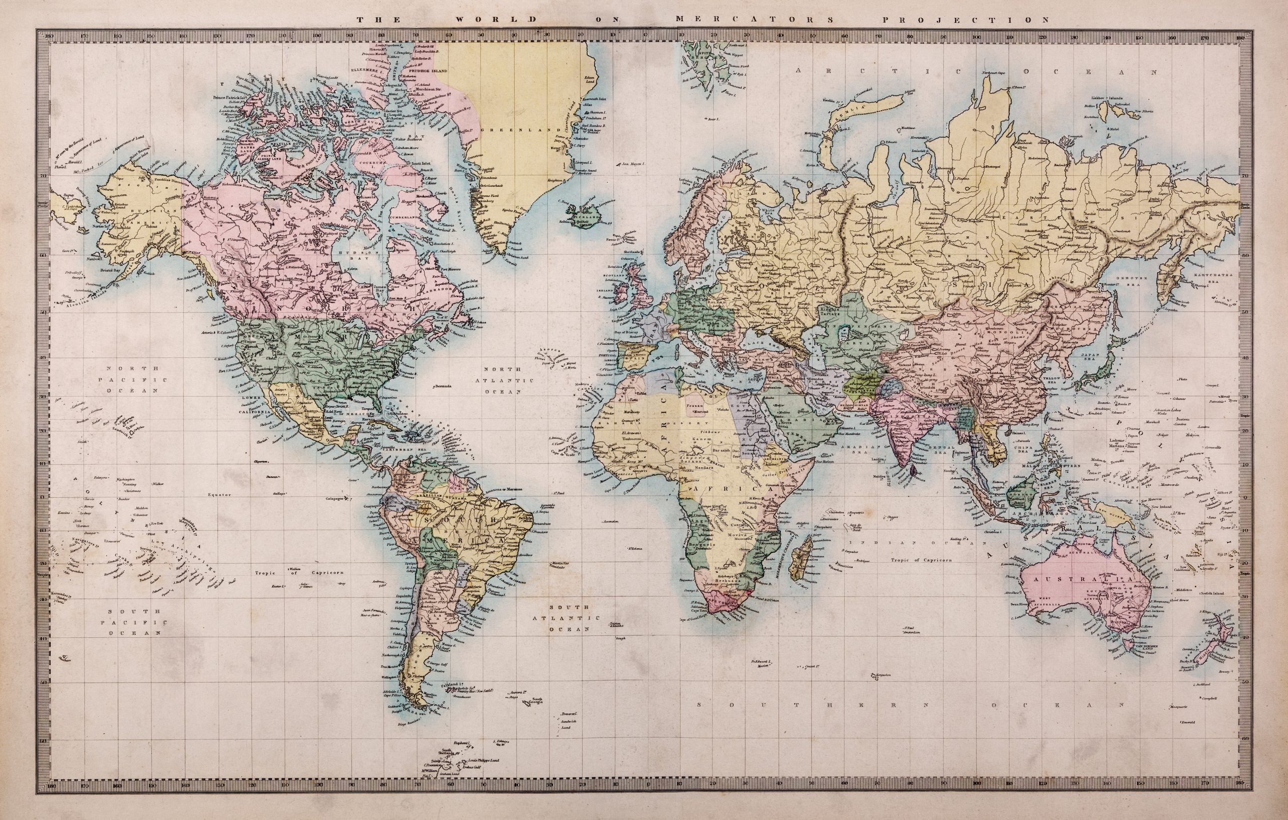 Original,Old,Hand,Coloured,Map,Of,The,World,On,Mercators