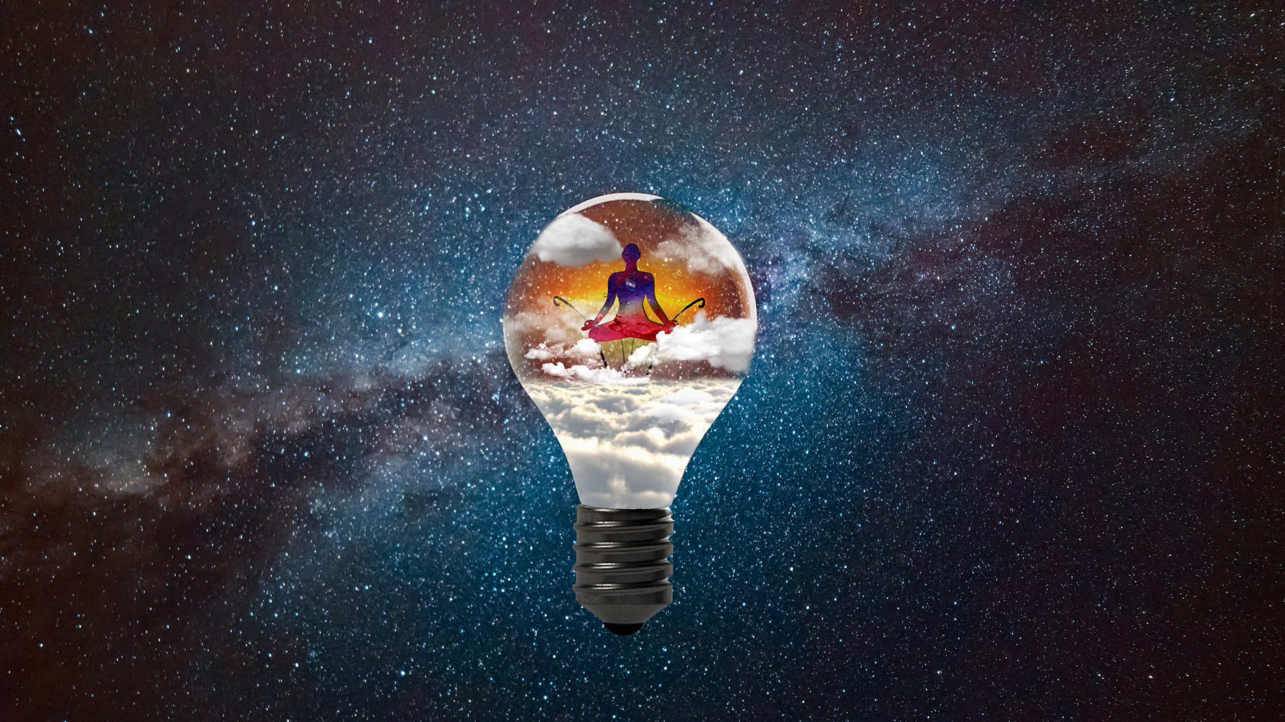 Enlightenment,Meditation,Buddha,Silhouette,Inside,A,Light,Bulb,With,Clouds