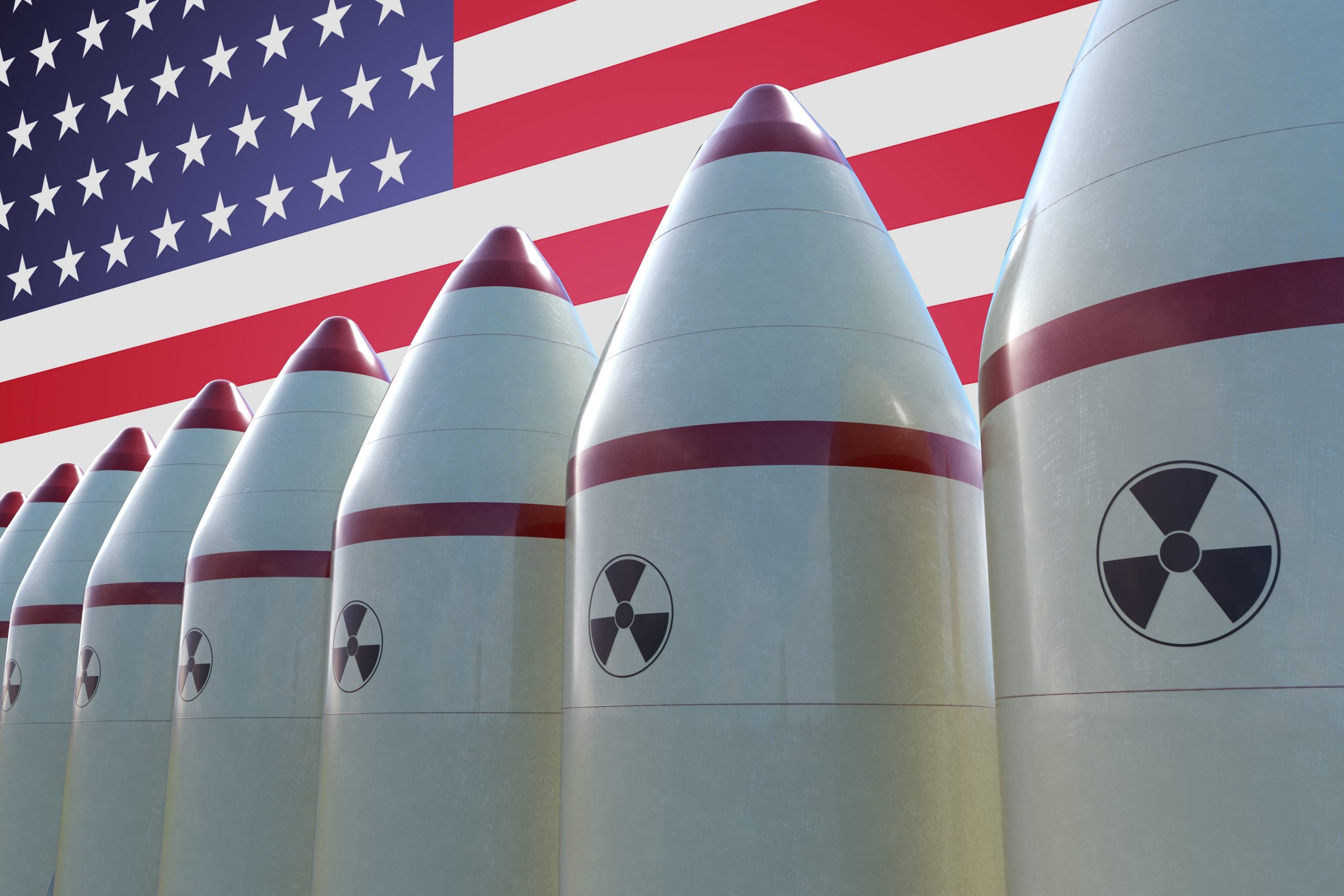 Nuclear,Missiles,And,Usa,Flag,In,Background.,3d,Rendered,Illustration.