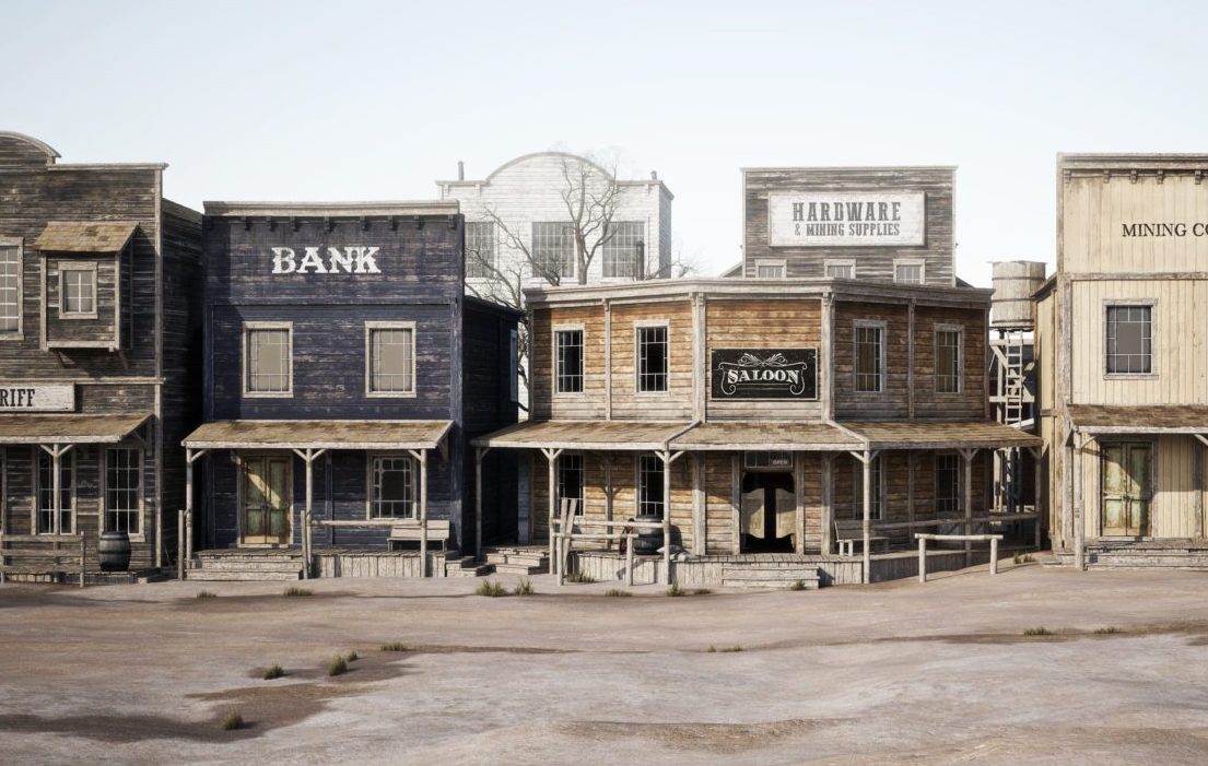 Wide,Side,View,Of,A,Rustic,Antique,Western,Town,With