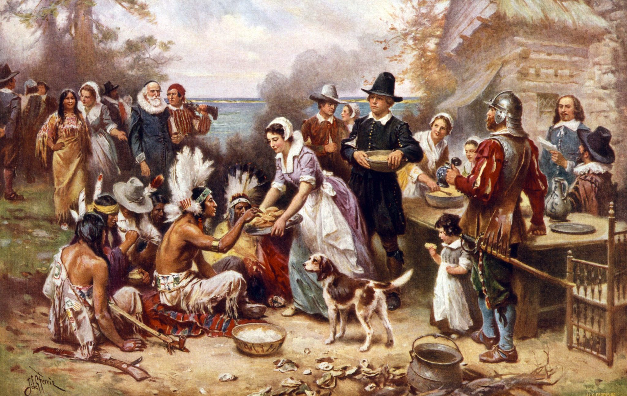 The,First,Thanksgiving,,1621,,Pilgrims,And,Natives,Gather,To,Share