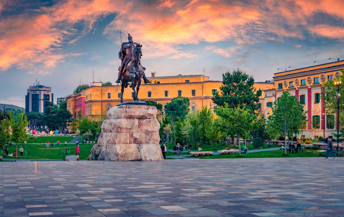 Splendid,Spring,View,Of,Monument,Of,Skanderbeg,In,Scanderbeg,Square.