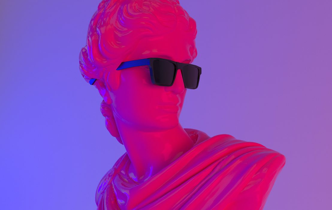 3d,Illustration,Of,Apollo,Belvedere,Bust,With,Sunglasses.,Postmodern,Vaporwave