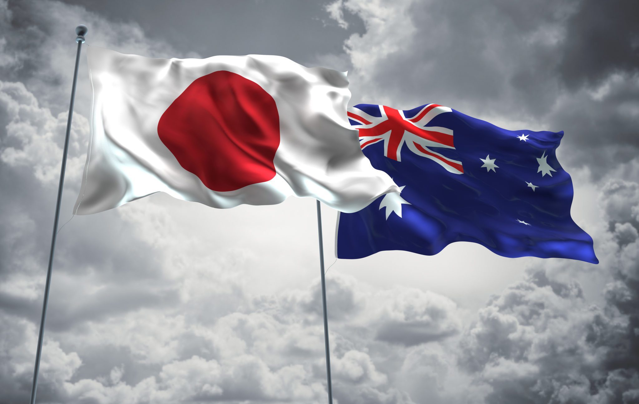 3d,Illustration,Of,Japan,&,Australia,Flags,Are,Waving,In