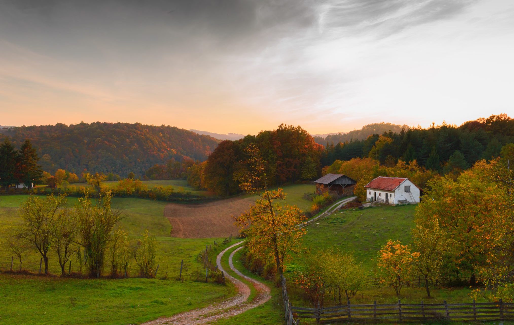 Autumn,Sunset.,Small,Farm,Landscape,With,Curved,Road.,Barn,And