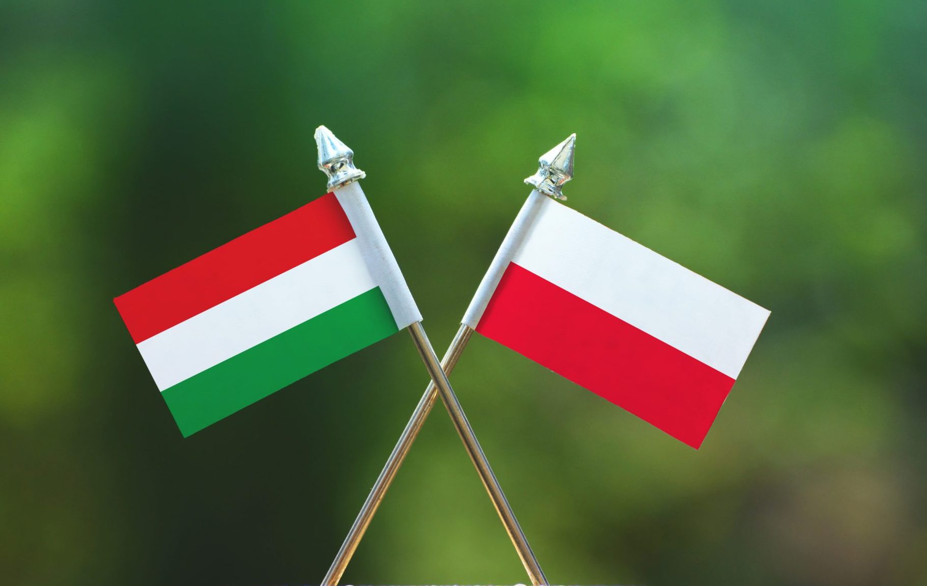 Poland,And,Hungary,Small,Flag,With,Blur,Green,Background