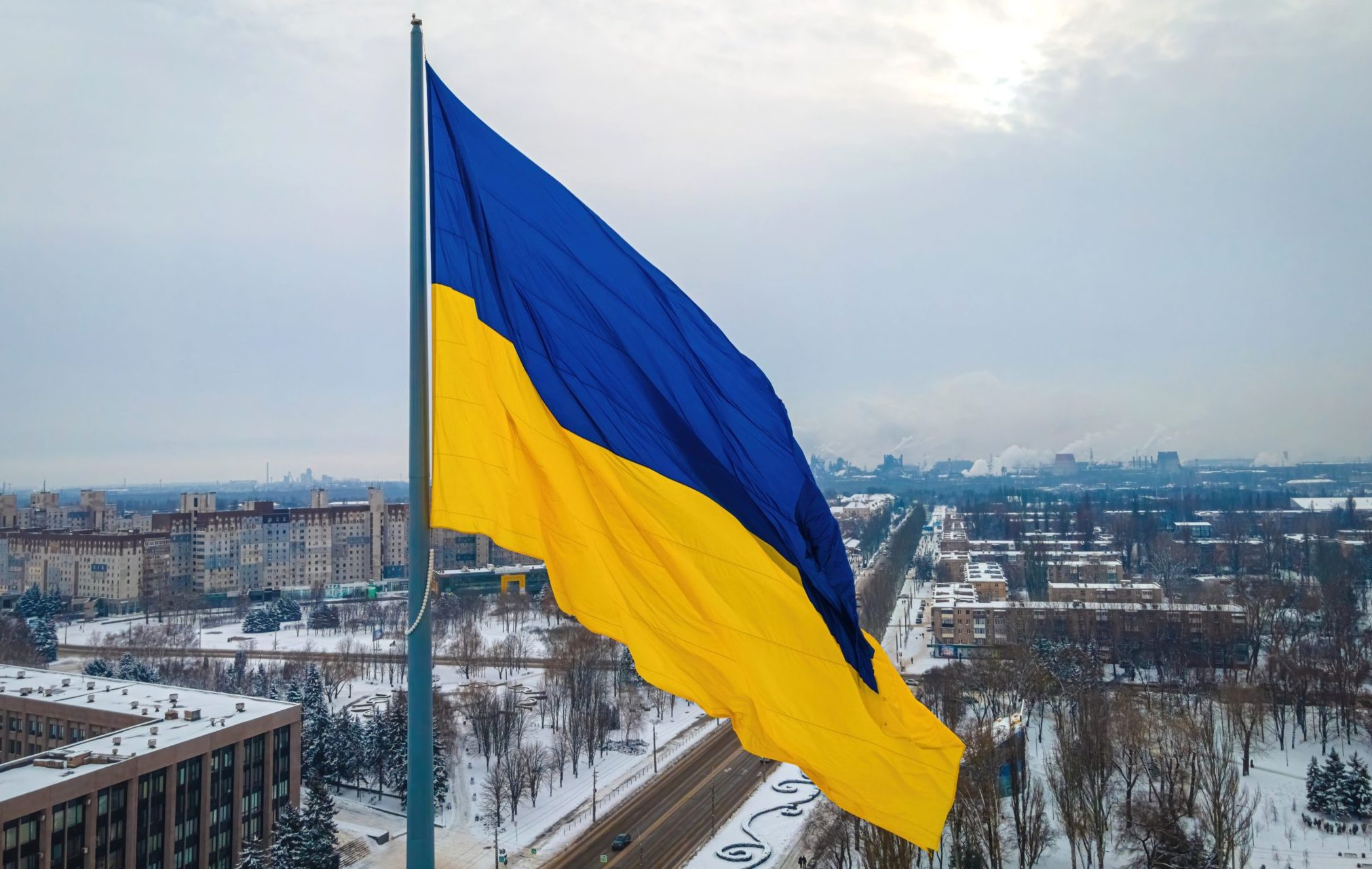 The,Aerial,View,Of,The,Ukraine,Flag,In,Winter