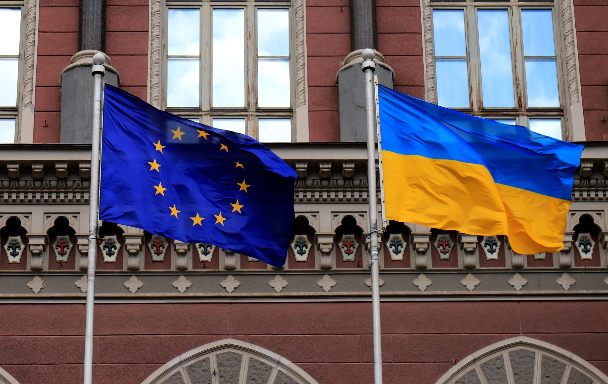 Flags,Of,Ukraine,And,European,Union,In,Kiev.,Yellow-blue,State