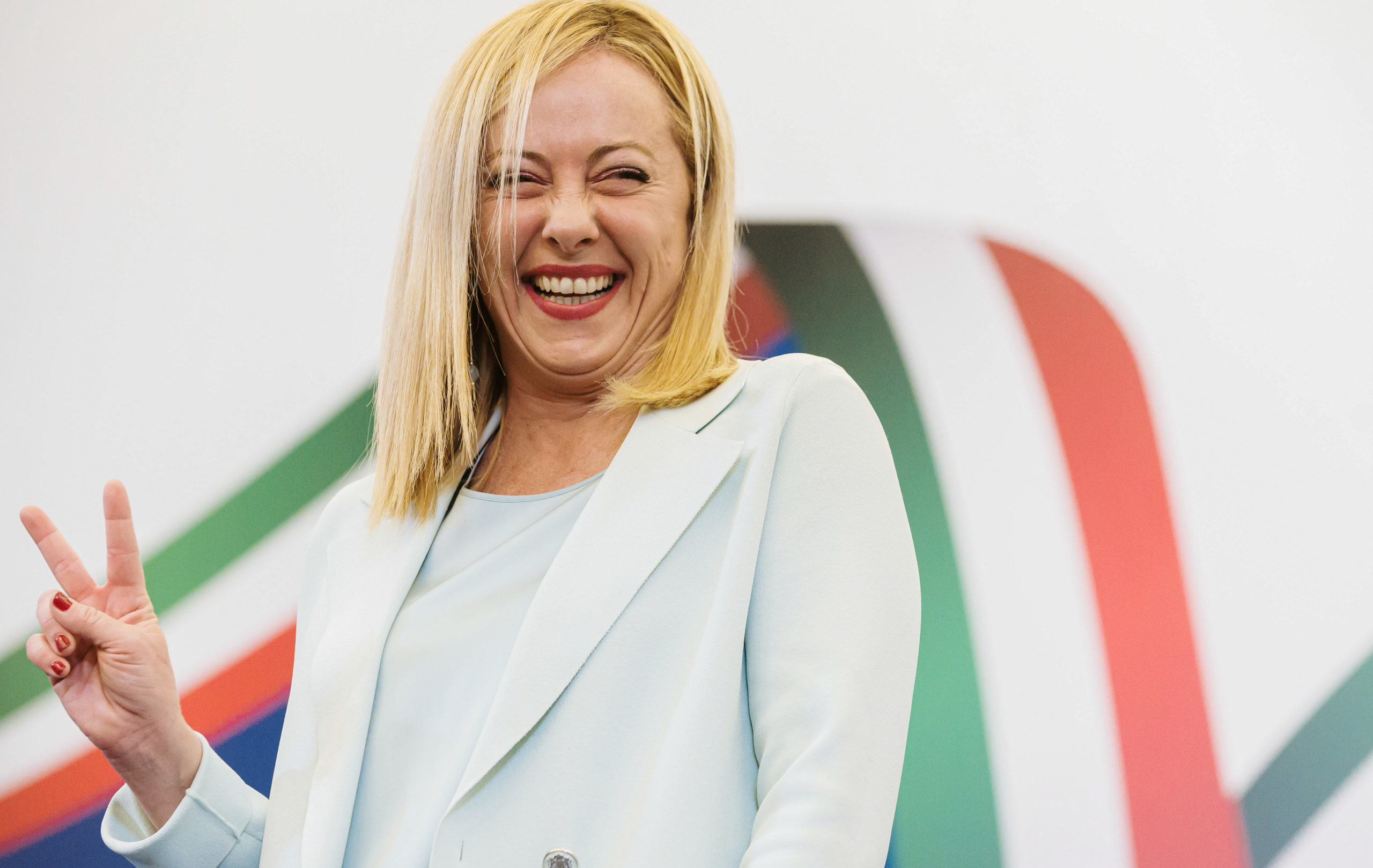 Giorgia Meloni is seen during a press conference