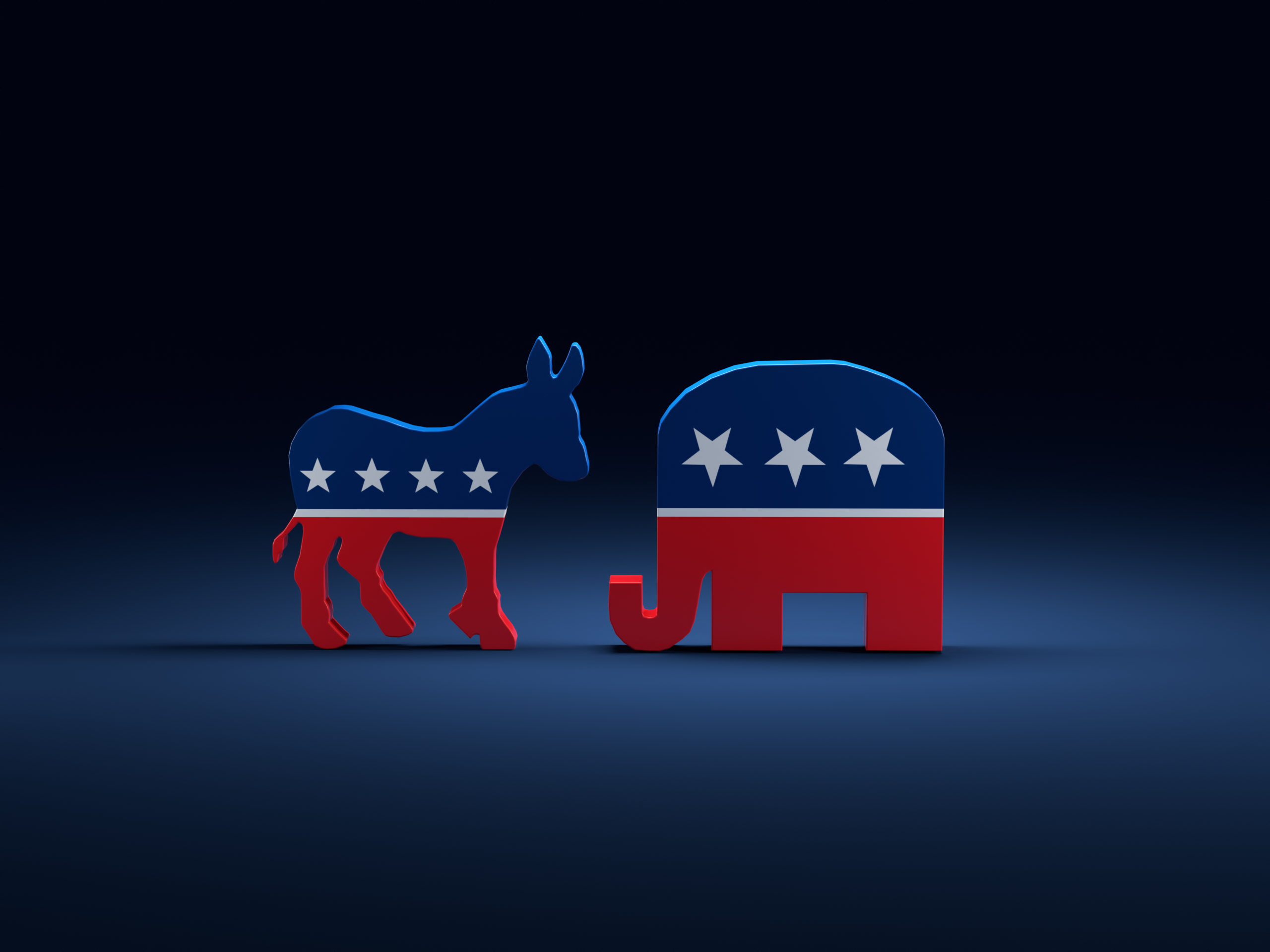 3d,Render,Of,Democrats,Donkey,Vs,Republicans,Elephant,Symbols,On