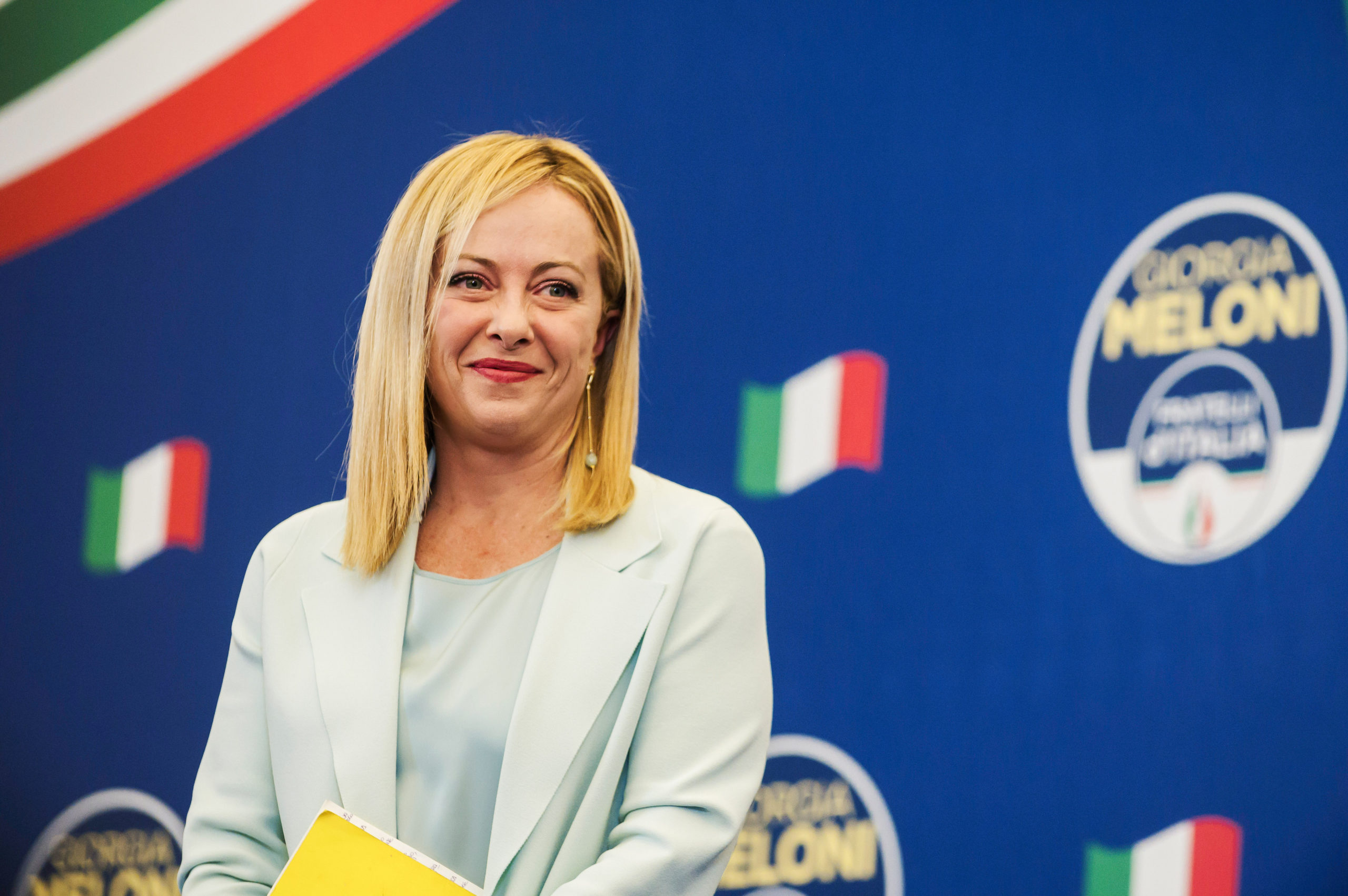 Giorgia Meloni is seen during a press conference