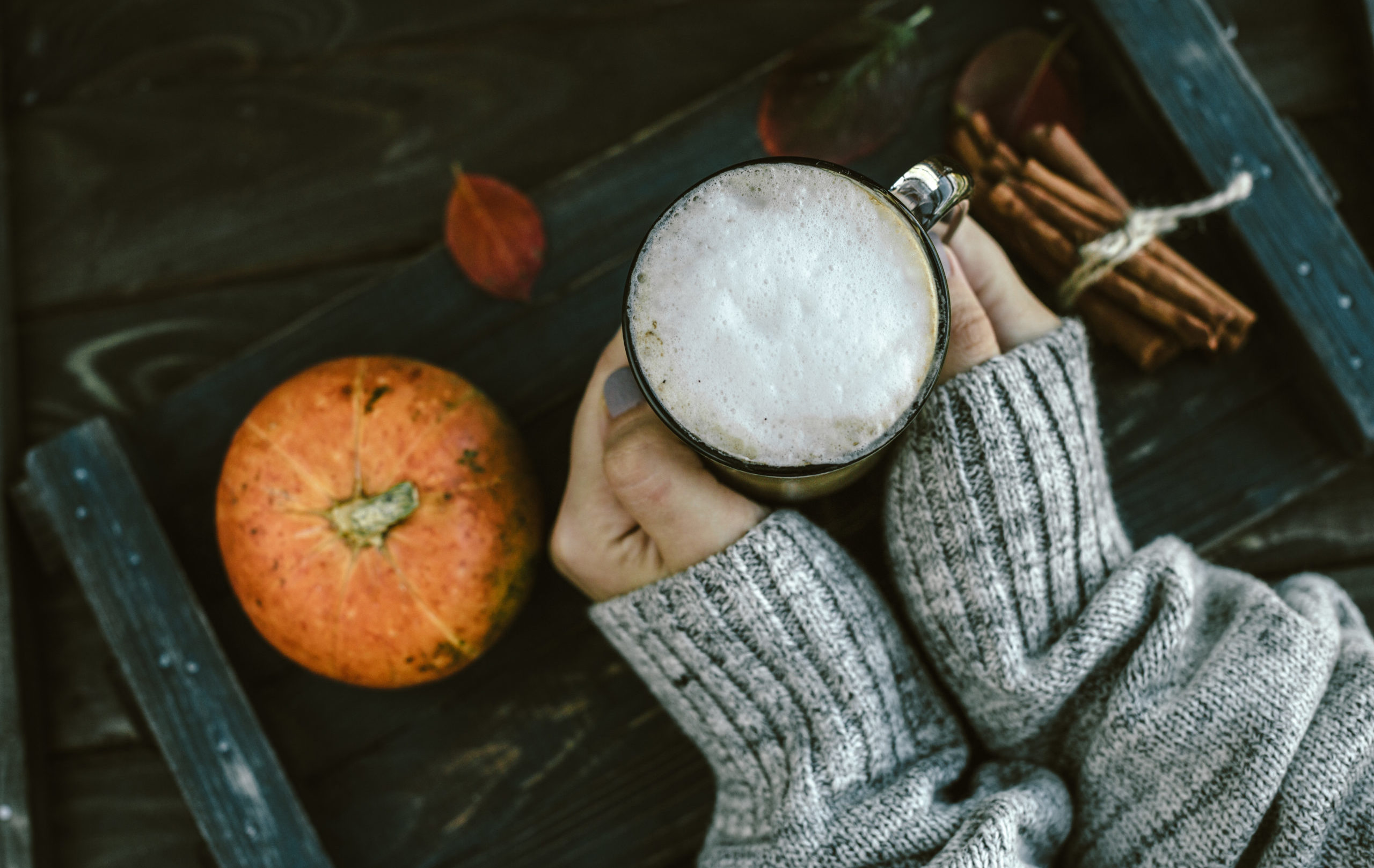 Spicy,Pumpkin,Latte,On,A,Wooden,Board,With,A,Sweater