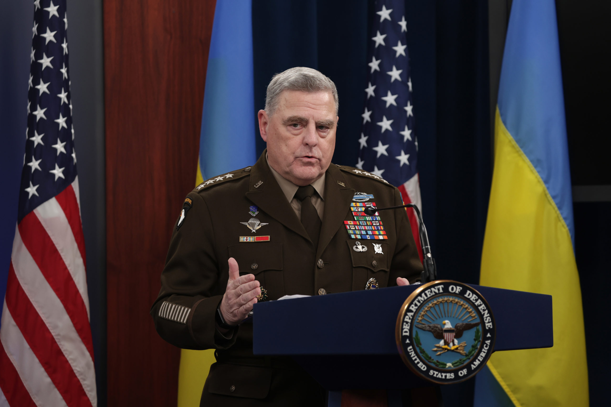 Secretary Of Defense Austin And Joint Chiefs Chairman Gen. Miley Give Press Briefing At The Pentagon