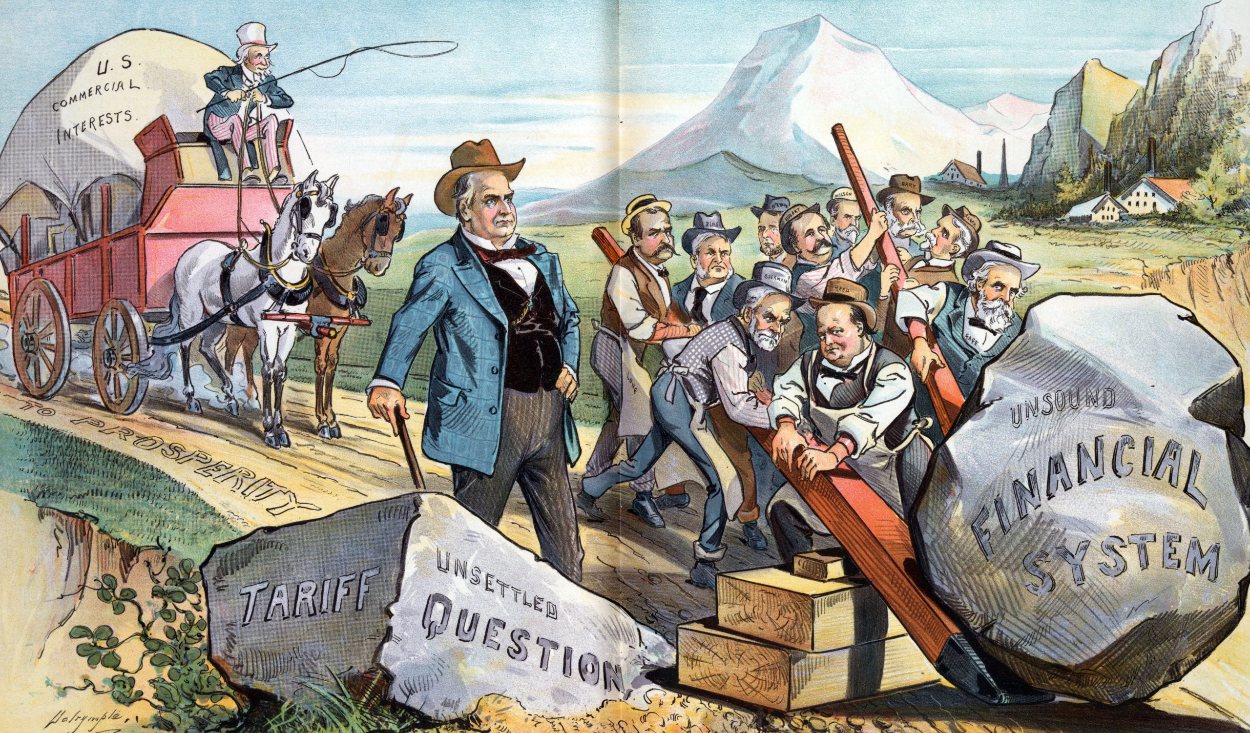 President McKinley standing near a large rock labelled 'Unsettled Tariff Question'.