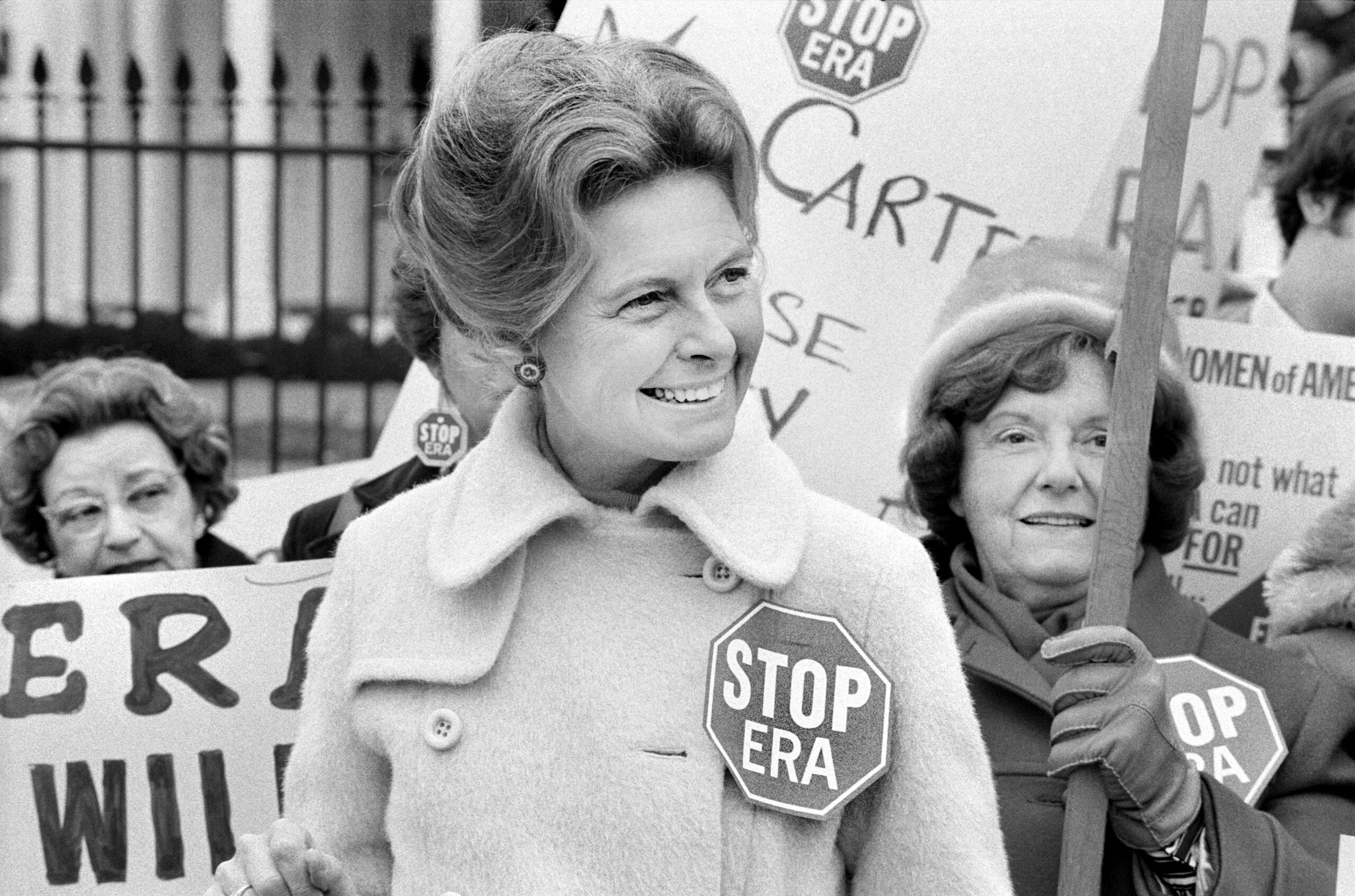 Activist Phyllis Schafly wearing a "Stop ERA" badge, demonstrating with other Women against the Equal Rights Amendment in front of the White House, Washington, D.C., USA, Warren K. Leffler, February 4, 1977