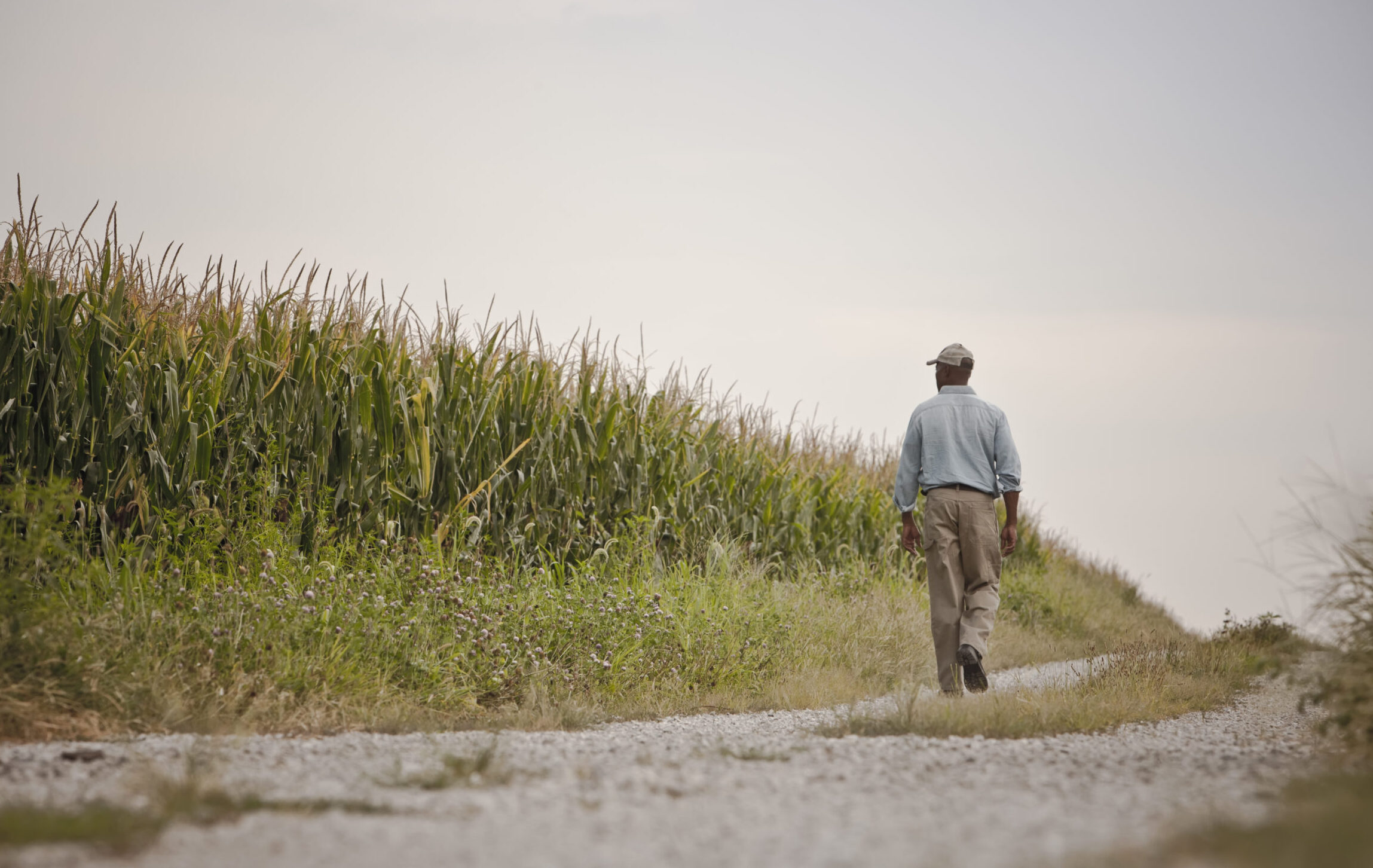 African American man walking on remote path