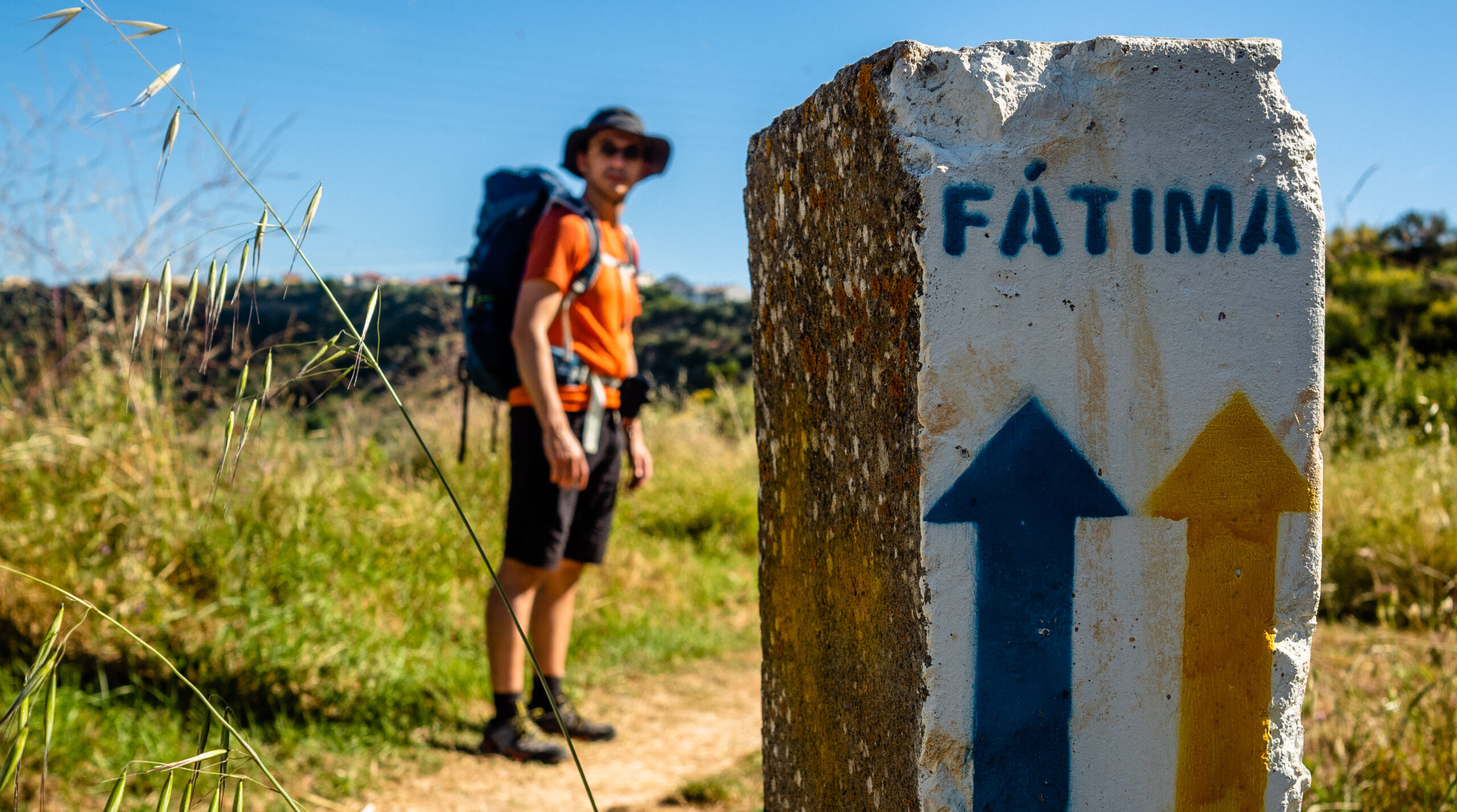 A pilgrim stands next to a stone with a yellow and a blue