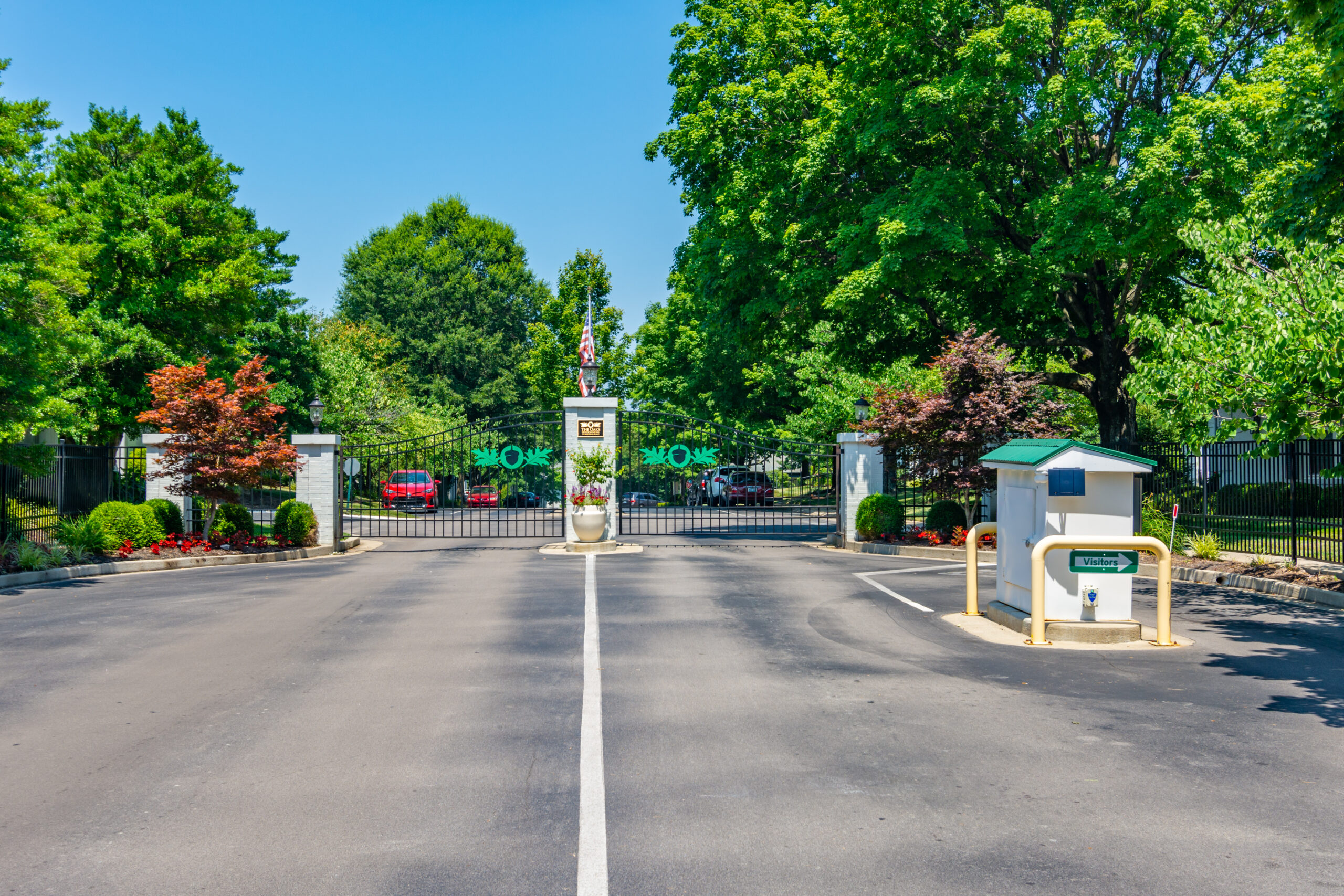 Gated entrance to upscale suburban neighborhood in Midwest America