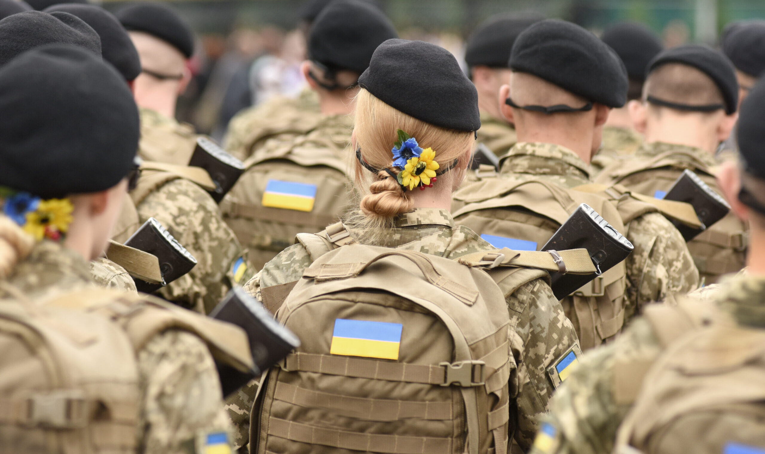 Woman,Soldier.,Woman,In,Army.,Ukrainian,Flag,On,Military,Uniform.