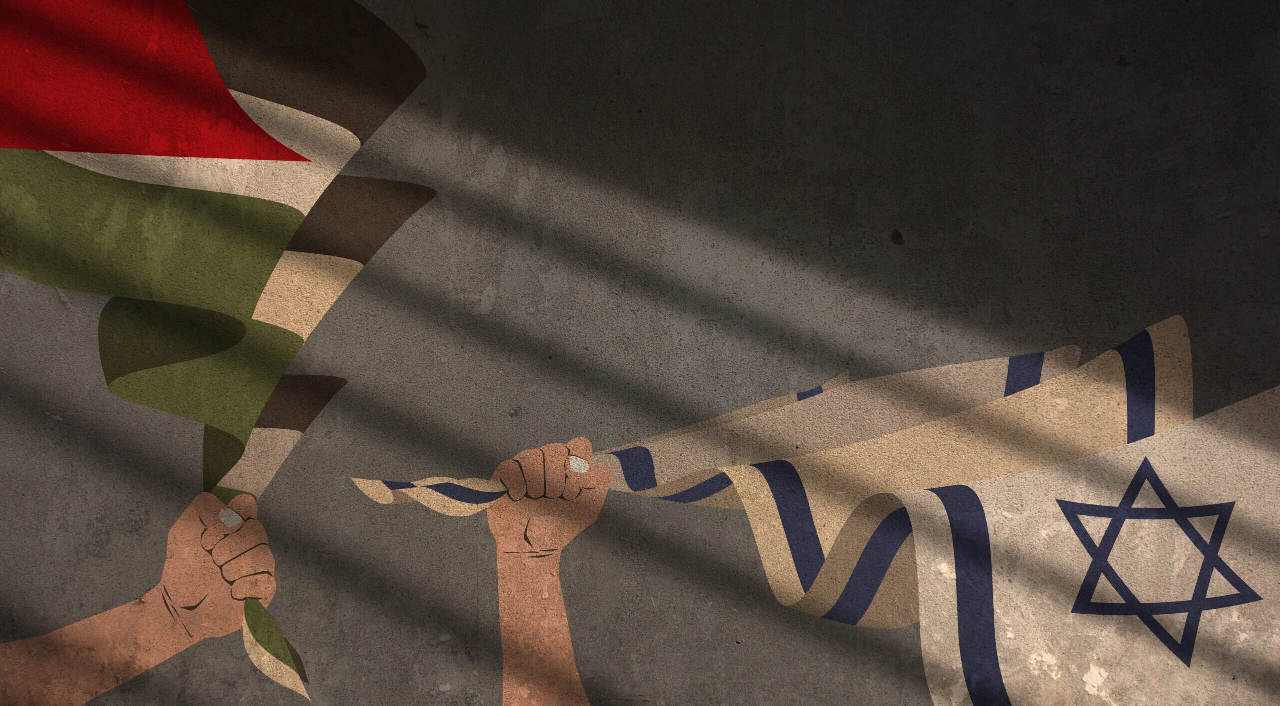 Hands,Holding,Israel,And,Palestine,Flags,On,Concrete,Background,With