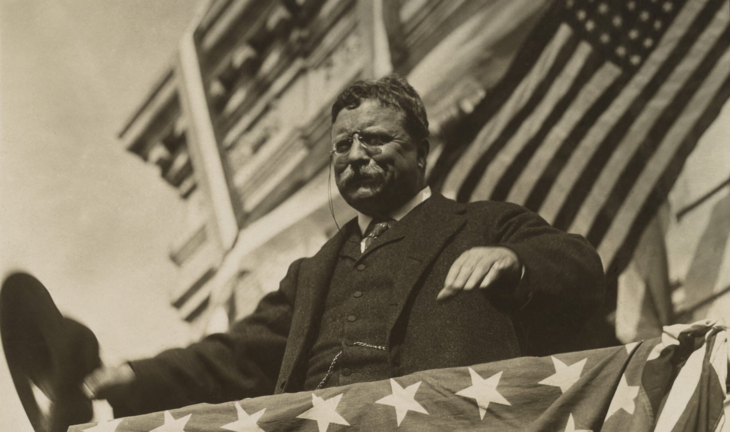Surrounded,By,Flags,And,Bunting,,Theodore,Roosevelt,Looks,Out,From