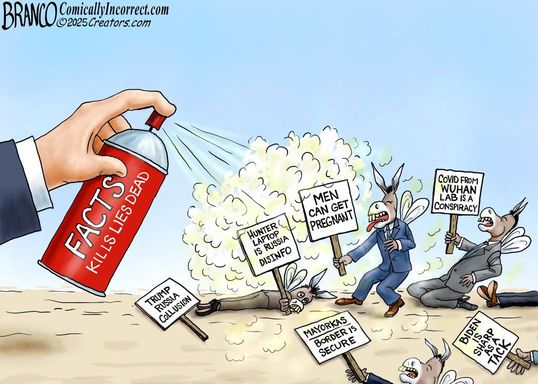 Hand holding a spray can with the label "Facts: Kills Lies Dead", which is being sprayed on donkeys wearing suits carrying signs that read "Hunter Laptop is Russia Disinfo," "Men can get pregnant," "Covid from Wuhan Lab is a Conspiracy," "Trump Russia Collusion," "Biden is sharp as a tack."