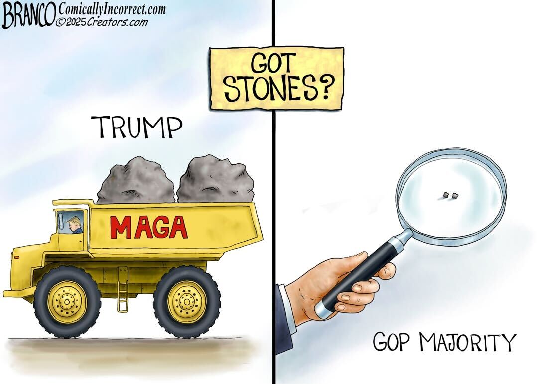 A split image with a dump truck with 'MAGA' written on the side carrying two large boulders on the left, a magnifying glass of two very small pebbles on the right with the words 'GOP Majority' and the tagline 'Got Stones?'