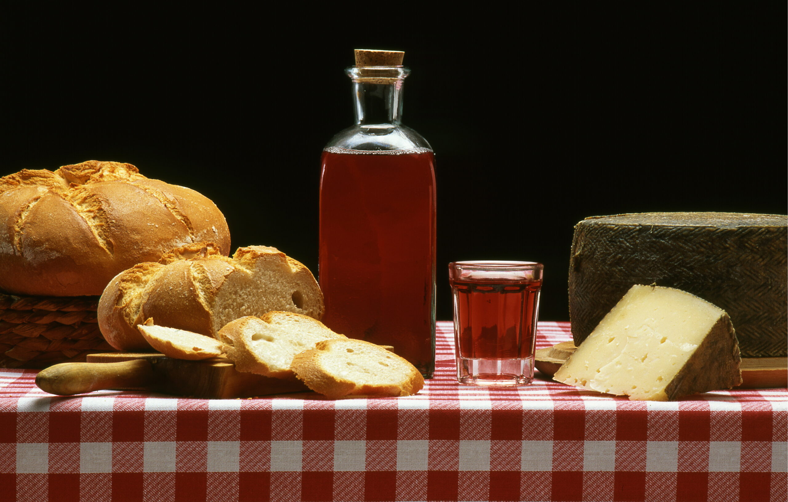Cheese, bread and wine.